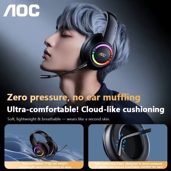 AOC USB Gaming Headset Compatible with PS5/4 Nintendo Switch Noise Canceling Mic - Picture 2 of 7